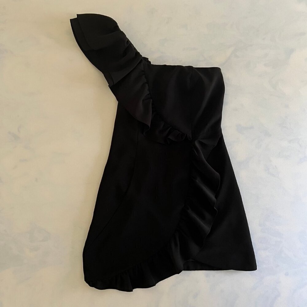 Boutique One Shoulder Ruffle Black Mini Cocktail Dress